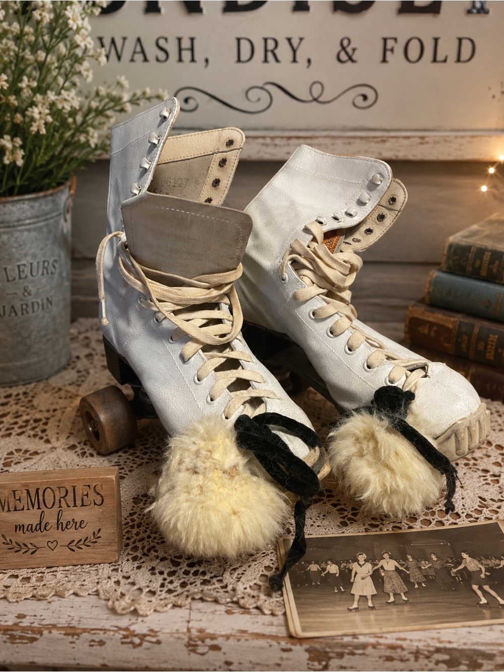 Women’s White Lace-Up Roller Skates with Pom Accent